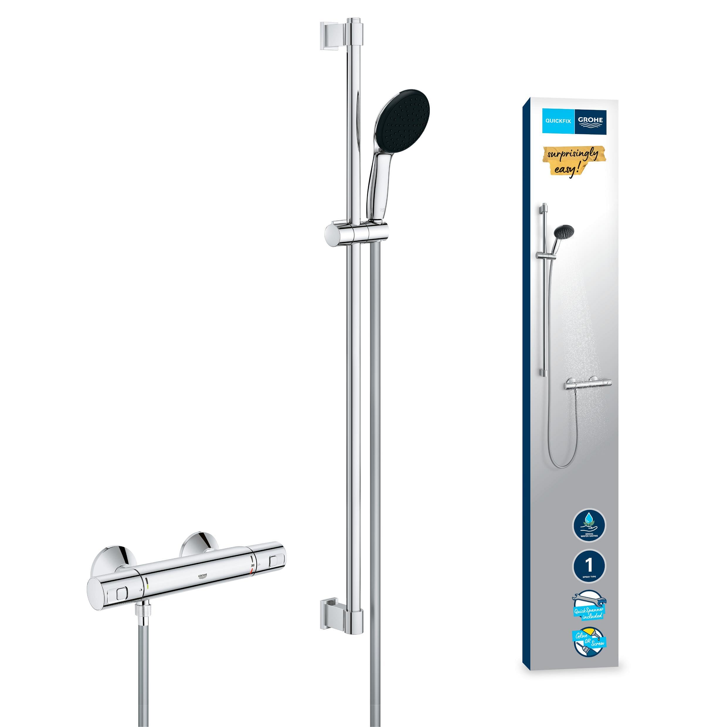 Grohe Chrome Precision Start - Exposed Thermostat Shower Set (Round 11 Cm Hand Shower 1 Spray: Rain, Shower Hose 1.75 M, Shower Rail 90 Cm, Safety Functions, Water Saving), 34854001