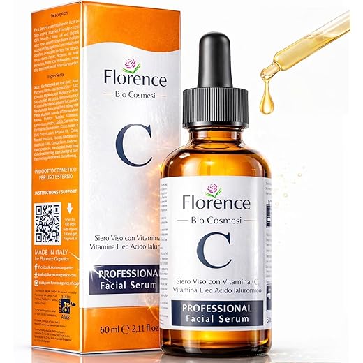 60ml. Bio Sérum Facial con Vitamina C, E y Ácido Hyalurónico - Suero Hidratante, Antiarrugas y Antimanchas para la Cara - Vegano/Organic. Ideal Como Crema Antiedad para Contorno de Ojos y Dermaroller