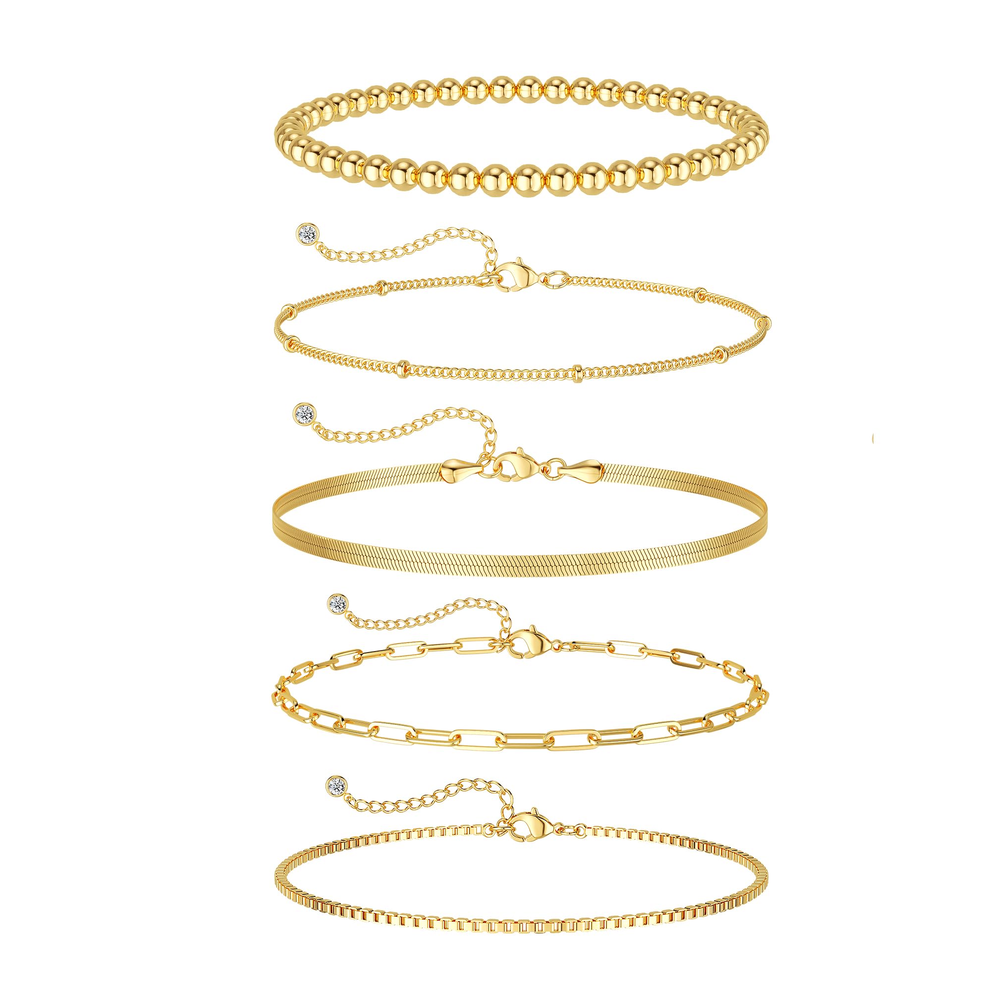 Dainty Gold Bracelets for Women Waterproof, Stackable 14K Gold Plated Waterproof Rope Cuban Snake Paperclip Figaro Link Chains, Non Tarnish Jewelry Set Gifts