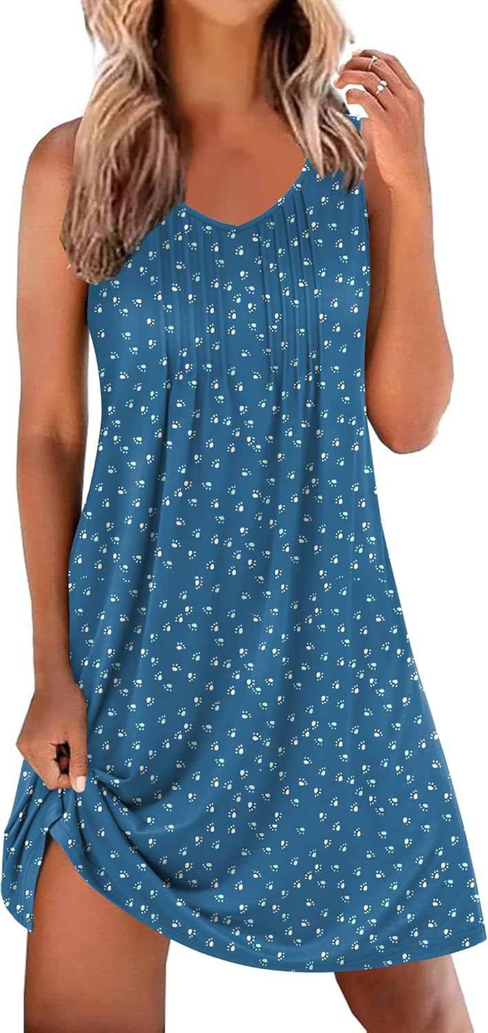 Ekouaer Nightgowns for Women Sleeveless Sleep Shirt Tank Night Gown V Neck Chemise Pleated Night Shirt Soft Sleep Dress