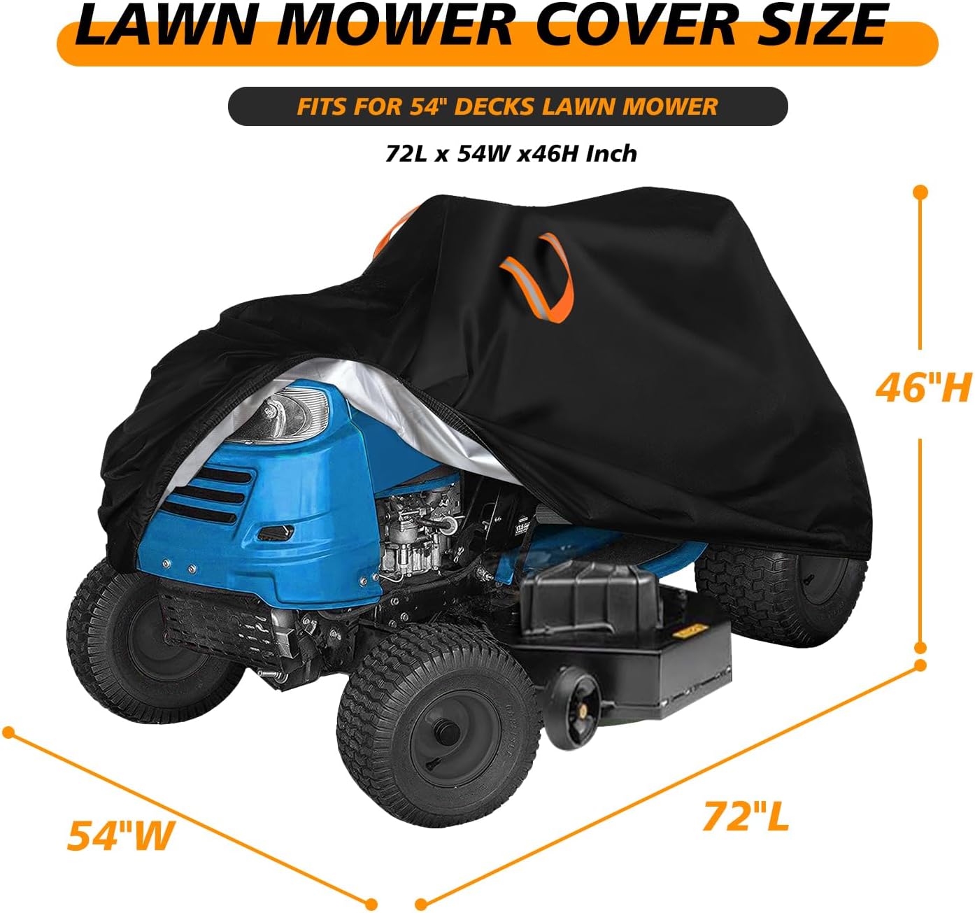 Riding Lawn Mower Cover,Fits up to 54" Decks Lawn Mower Cover Waterproof Durable 210D Polyester,Anti-UV Windproof,Lawnmower Tractor Covers for Outdoor,with Buckles, 72"Lx54"Wx46"H