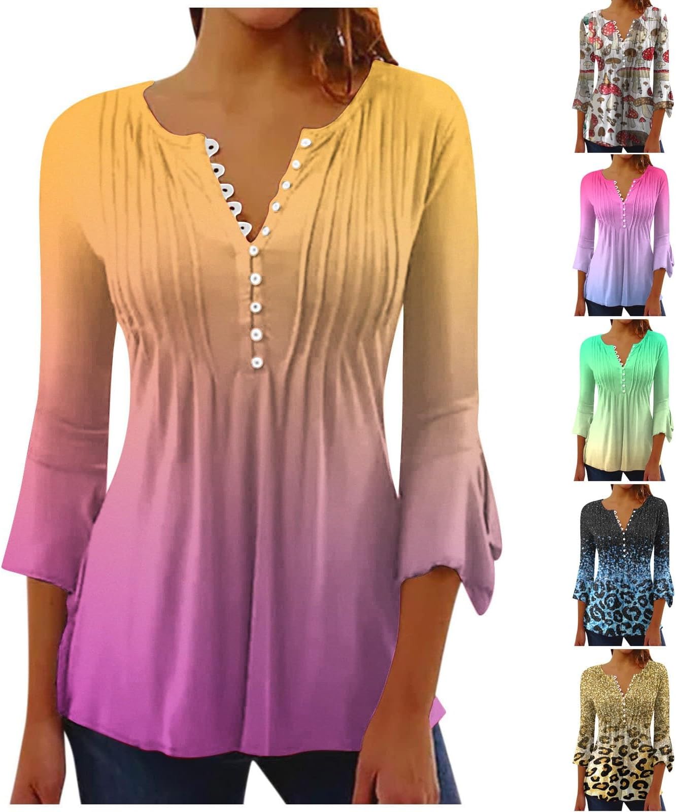 squarex Womens Summer Tops 2023 Casual Dressy Trumpet 3/4 Sleeve Printed Buttoned Ruched Corset Tunic Tops Pleated T-Shirts Blouses Today's Deals of The Day Todays Deals #4