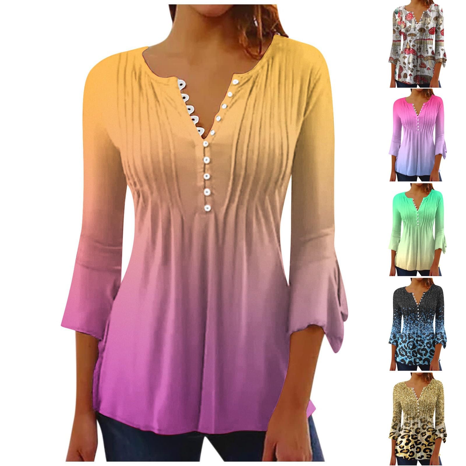 squarex Womens Summer Tops 2023 Casual Dressy Trumpet 3/4 Sleeve Printed Buttoned Ruched Corset Tunic Tops Pleated T-Shirts Blouses Today's Deals of The Day Todays Deals #4