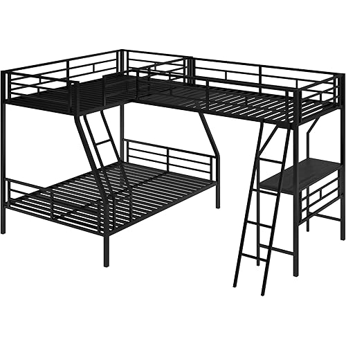 SOFTSEA Metal Triple Bunk Bed for Teens, Twin Over Twin L-Shaped Bunk Bed for 3 Kids, Twin Over Twin Over Twin