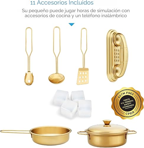 Miniatura 4 de Best Choice Products Juego de juguetes de madera para niños con diseño realista, teléfono, utensilios, horno, microondas, fregadero, rosa floral