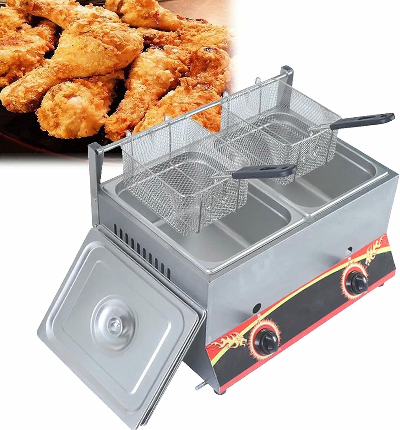 Commercial Stainless Steel Gas Fryer, 11L/22L Large Capacity Multi-function LPG Deep Fryer, Adjustable Firepower, Easy Clean, 304 Food Grade Stainless Steel~/