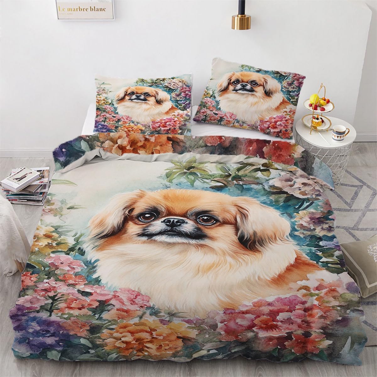 NDXRWDZR Single Bedding Set Pekingese Duvet Cover for Kids Soft Hypoallergenic Microfiber Duvet Cover with Zipper Closure, 1 Duvet Cover 135x200 cm + 2 Pillowcases 50x75 cm