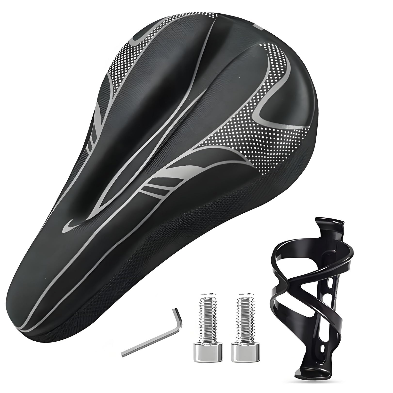 BAPPKON Gel Bike Seat Cover Waterproof Memory Foam Padded Bicycle Seat Cushion for Men Women, for Peloton Exercise Bike Road Mountain Bikes with Bottle Holder Universal (Black)