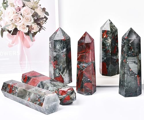 Miniatura 5 de Torre de obelisco de piedra de sangre de África, varita grande de punto de cristal curativo natural, 6 facetas de meditación Reiki para decoración