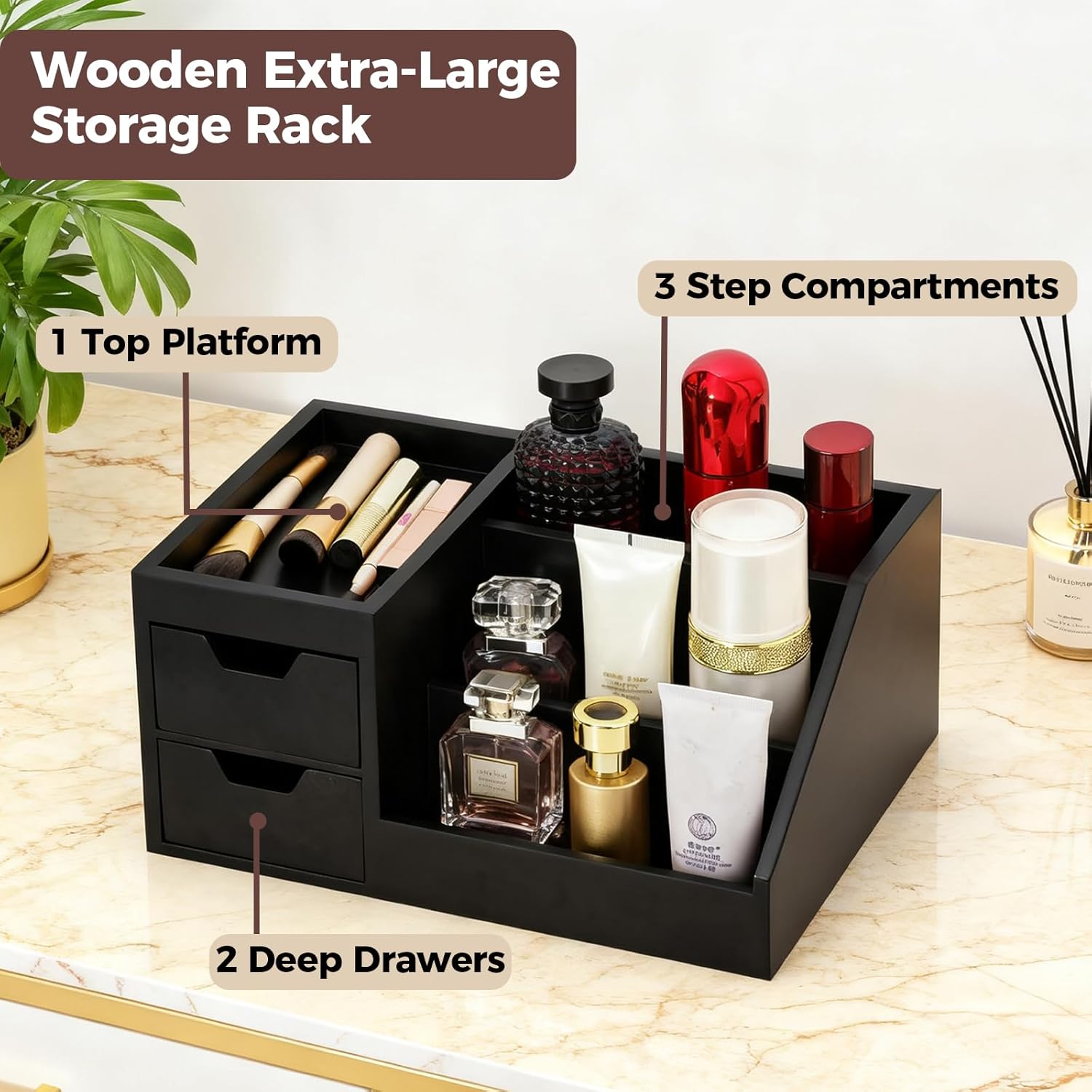 Countertop Perfume & Makeup Organizer - Wooden Rack, Cologne Stand Shelves & Skincare Organizer for Bedroom Dresser, Organizador de Perfumes Estante para Perfumes (Middle, 01) (Black, 01)