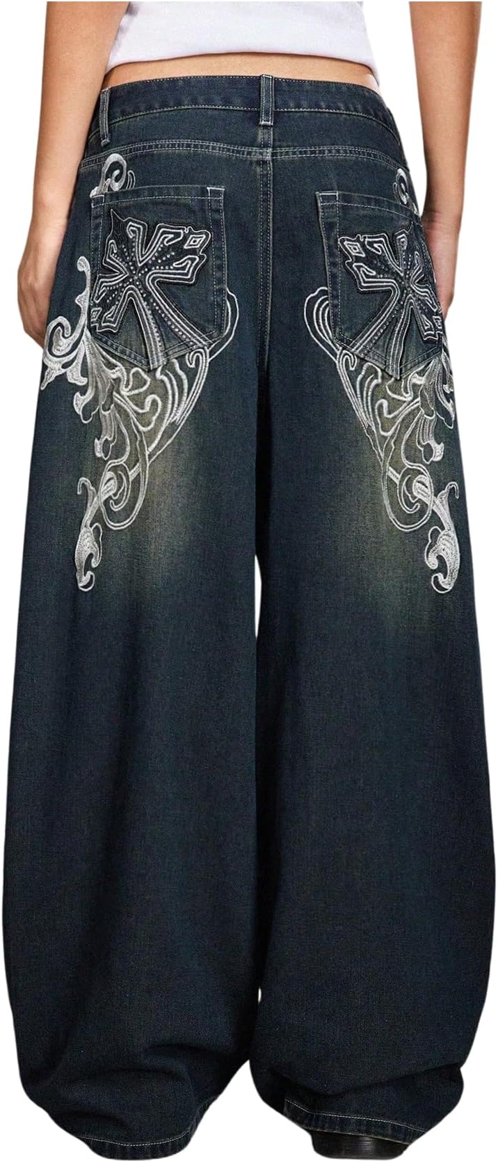 Women's Goth Punk Embroidery Baggy Jeans Wide Leg Denim Pants Streetwear