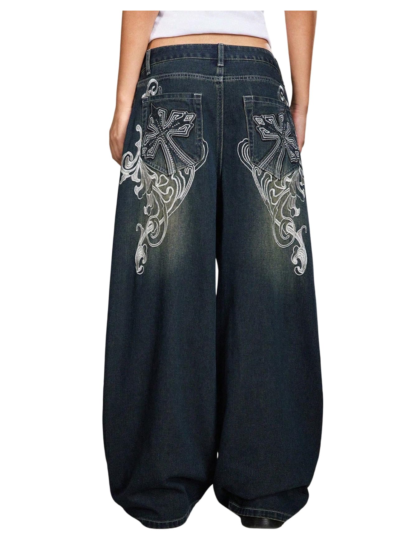 Women's Goth Punk Embroidery Baggy Jeans Wide Leg Denim Pants Streetwear