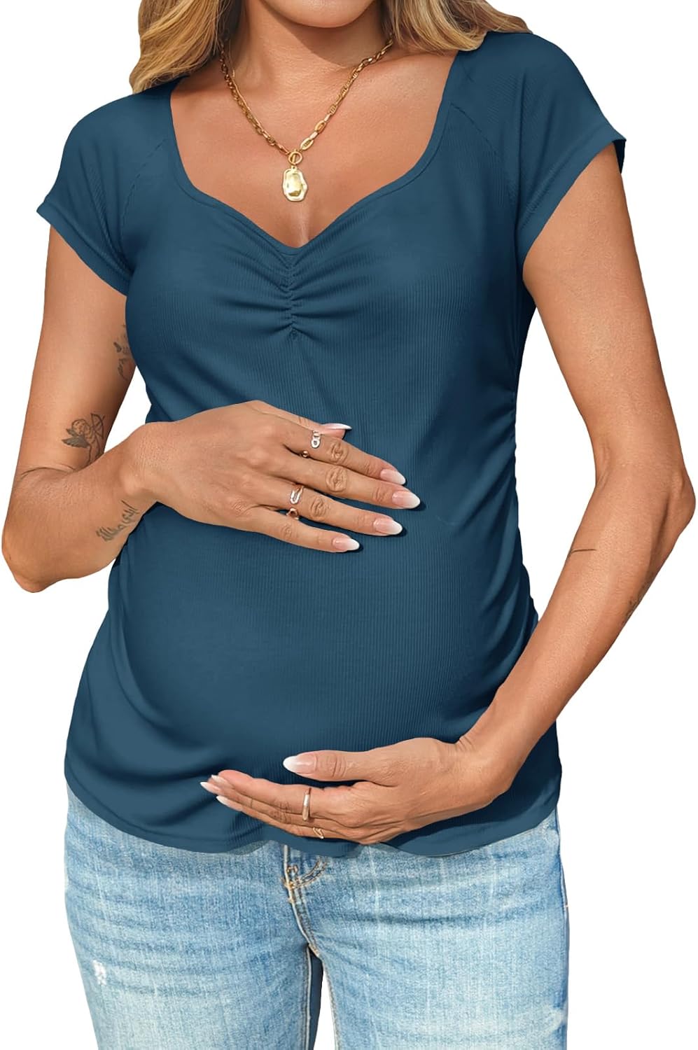 Tankaneo Womens V Neck Maternity Tops Cap Sleeve Fitted Breastfeeding T Shirts Summer Pleated Pregnancy Clothes - Image 4