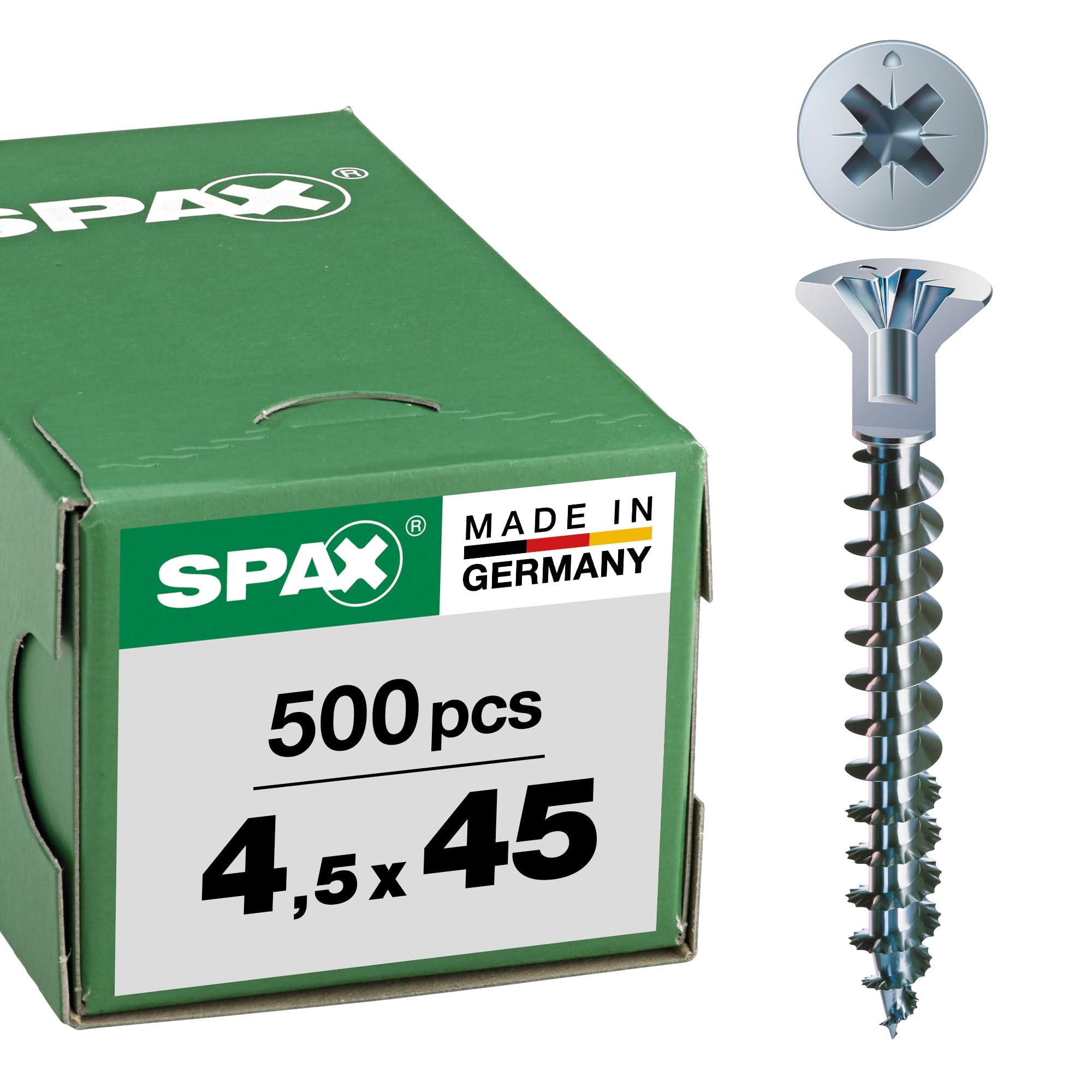 SPAX WIROX A3J 0271010450455 uniwersalna śruba z otworem na łbek, 4,5 x 45 mm, opakowanie 500 sztuk Phillips Z2 mały łeb stożkowy (średnica 5 mm) w pełni gwintowany
