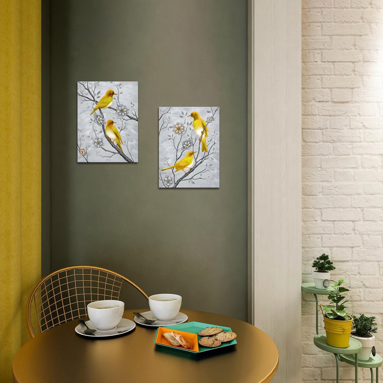 RyounoArt Yellow and Grey Wall Art Bird Pictures Gray Yellow Canvas Paintings for Kitchen Bathroom Wall Decor Ready to Hang 12 * 16 inch Each - Image 4