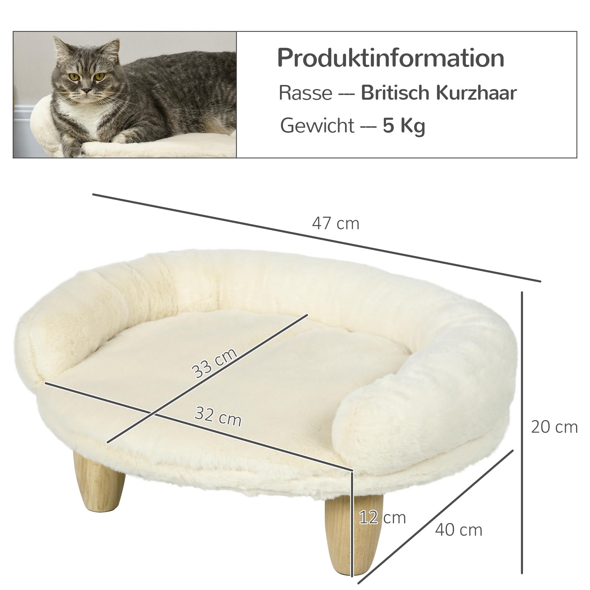 PawHut Katzensofa Hundesofa aus Plüsch Hundebett mit Rückenlehne, Holzbeine, Hundecouch mit weicher Polsterung für Katzen miniaturhunde Hunde 47 x 40 x 20 cm Cremeweiß
