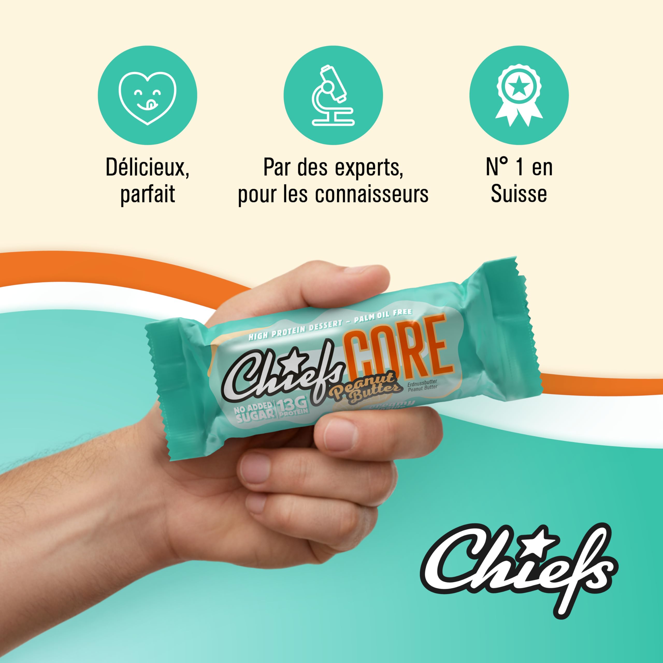 Chiefs Protein Core Bar (Peantu Butter) • Barre protéinée premium avec 13g de protéines & 163 kcal par barre • Sans sucre ajouté • Barre protéinée low sugar • Goût de Peanut • Pack de 12 (12 x 40g)