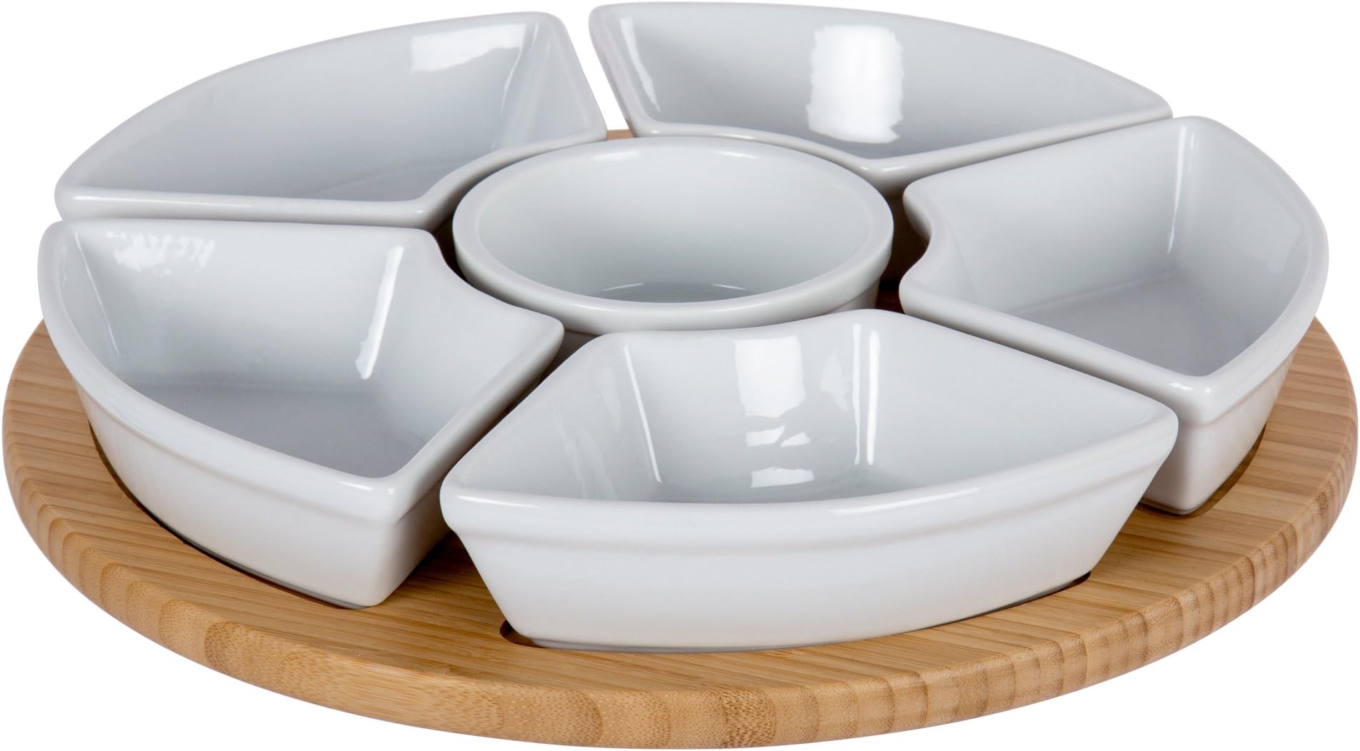 Luciano Housewares 6-Piece Porcelain Dip Serving Bowl with Bamboo Lazy Susan, 14 x 14 inches, White