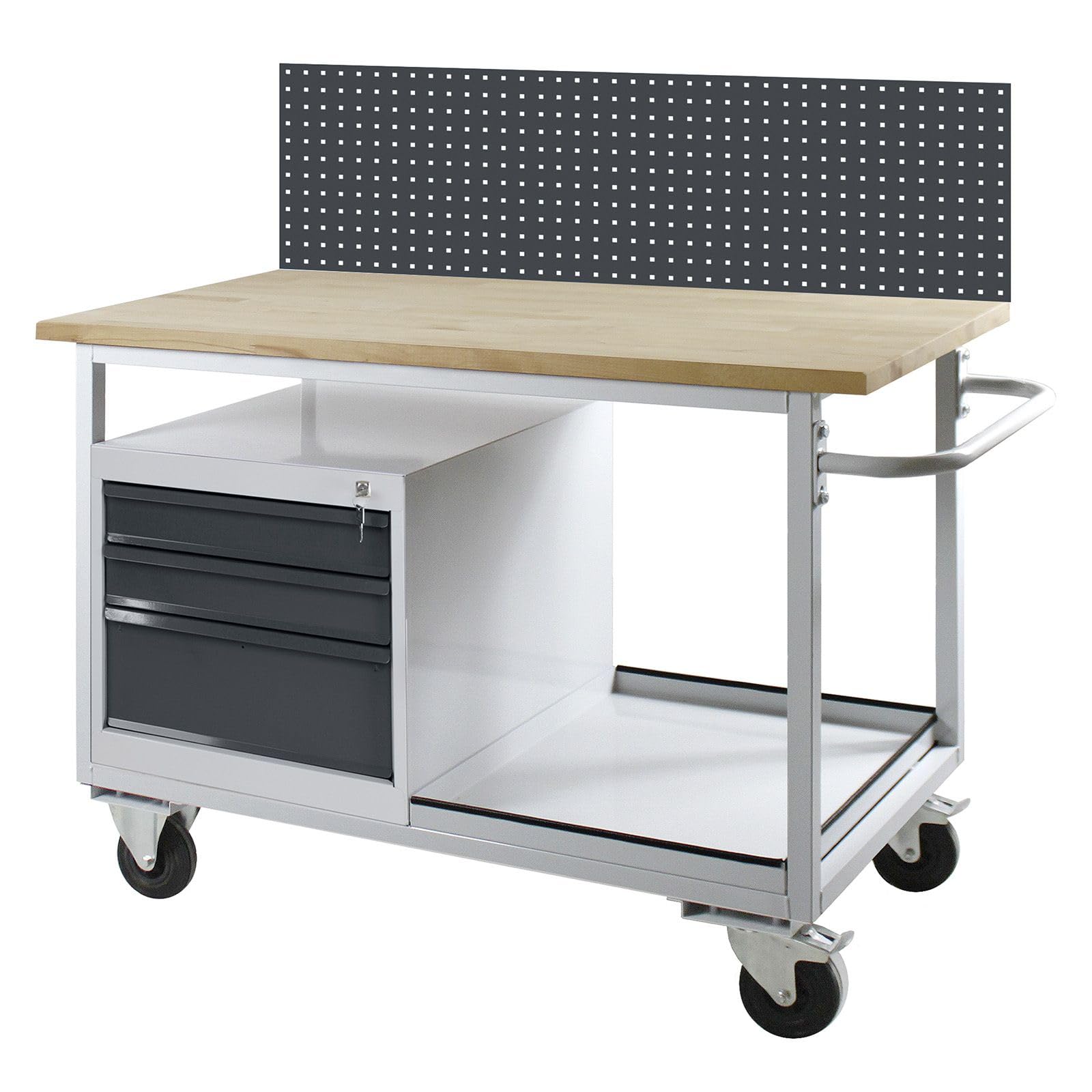 Établi mobile anthracite RAL 7016 - 1 300 x 600 x 827 mm - Charge maximale : 500 kg - Table de travail mobile avec étagère - Pour atelier, garage et industrie - Anthracite - Panneau perforé