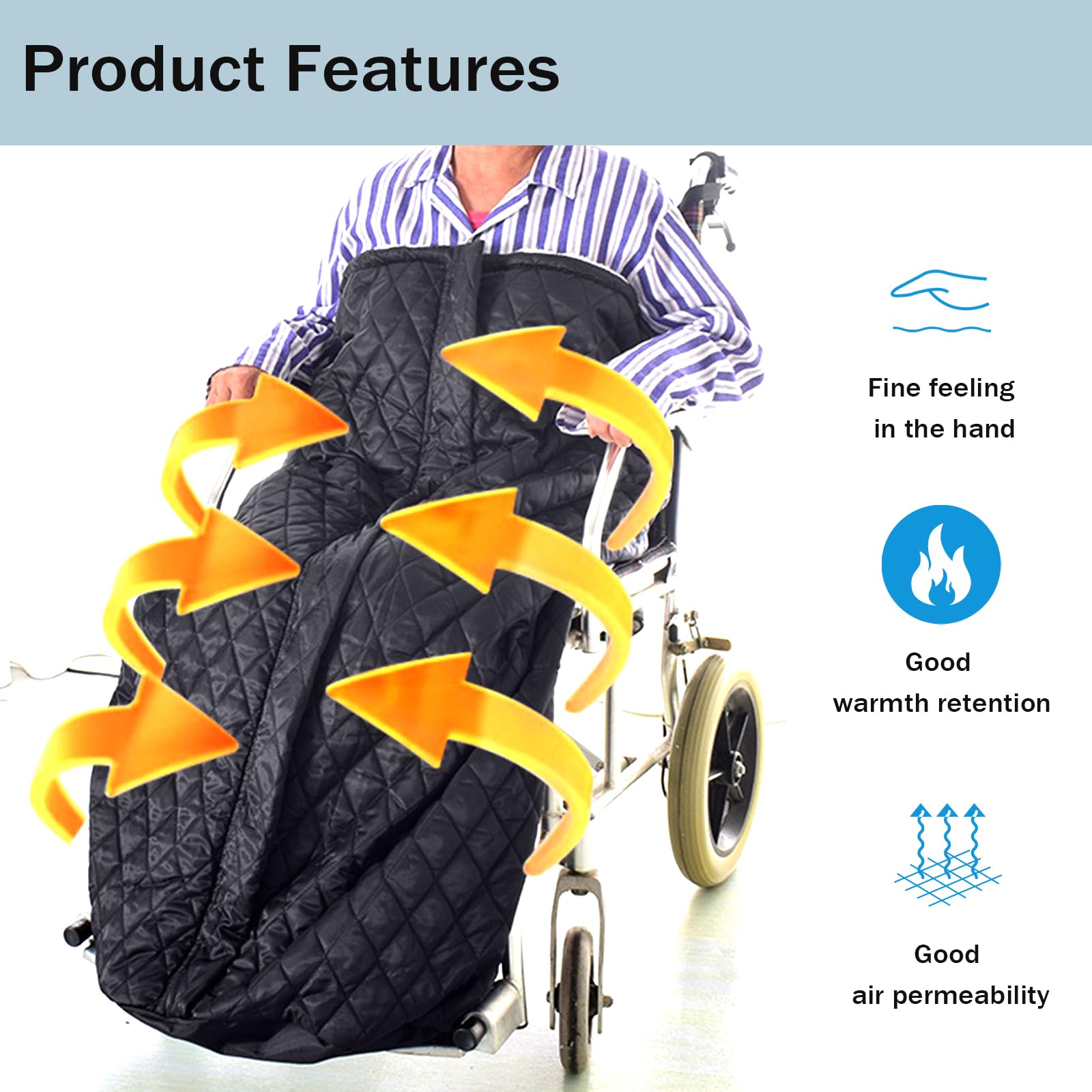 Manta térmica para silla de ruedas, ligera, con cremallera, para la parte inferior del cuerpo, para personas mayores, color negro