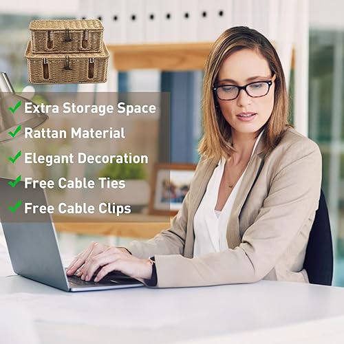 Miniatura 9 de Paquete de 2 cajas de gestión de cables de ratán, caja organizadora de cables grande con tapa, enrutador debajo del escritorio, caja de