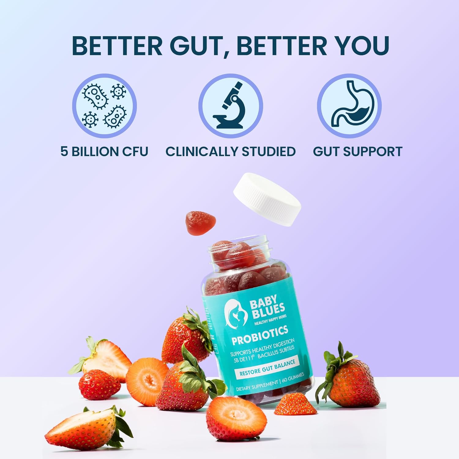 Baby Blues Probiotic Gummies for Women – Organic Strawberry Flavor – Gut, Immune, Skin & Vaginal Health – 5 Billion CFU DE111® – Vegan Daily Supplement for Moms – Pre/Postnatal Support