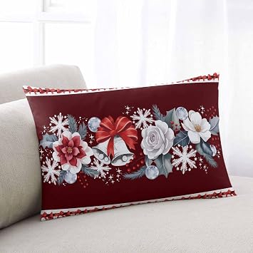 Red Christmas Throw Pillow Covers, Winter Xmas Bells Bow Flower Snowflakes Soft Breathable Pillow Cases with Invisible Zipper for Sleeping, King Size Pillowcases for Couch Bed Sofa Chair 20x36 Inches
