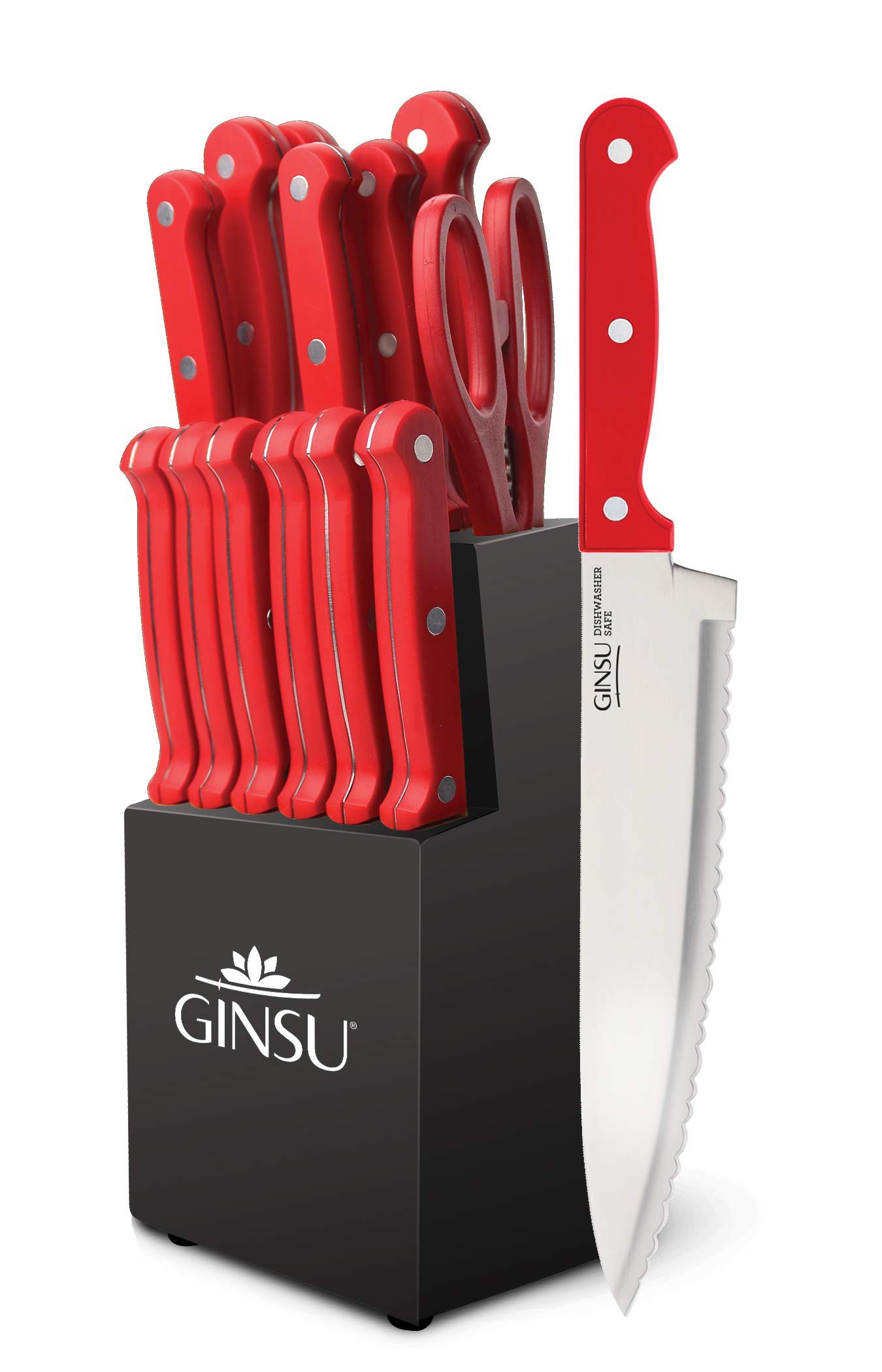 Ginsu Kiso 14-Piece Red Knife Set with Black Block - Dishwasher Safe and Always Sharp