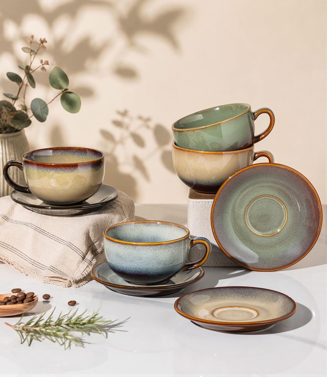 theterra Ceramic Coffee Cup with Saucer, 12 oz Cappuccino Cup
