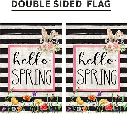 Miniatura 6 de Bandera de jardín de flores de Hello Spring de 12 x 18 pulgadas, arpillera de doble cara exterior, letrero de conejo floral de temporada, decoración