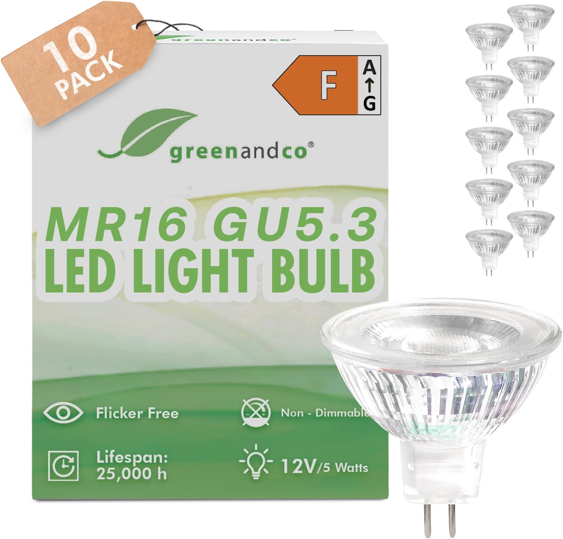 10x MR16 GU5.3 | Replaces 40W | Warm White 3000K | CRI 90+ | 5W 400 lm | 38° | No Flicker | COB LED Light Bulb | 12V AC/DC | Non dimmable