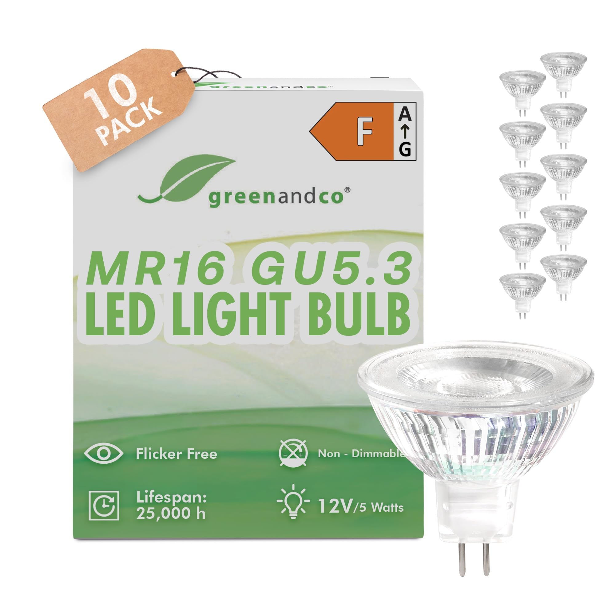 greenandco 10x MR16 GU5.3 | Replaces 40W | Warm White 3000K | 5W 430 lm | 38° | No Flicker | COB LED Light Bulb | 12V AC/DC | Non dimmable