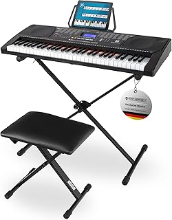 McGrey LK-6150 61 Tasten Keyboard Set - Einsteiger-Keyboard mit 61 Leuchttasten - 255 Sounds und 255 Rhythmen - integrierter MP3-Player - inkl. Ständer und Hocker - Schwarz