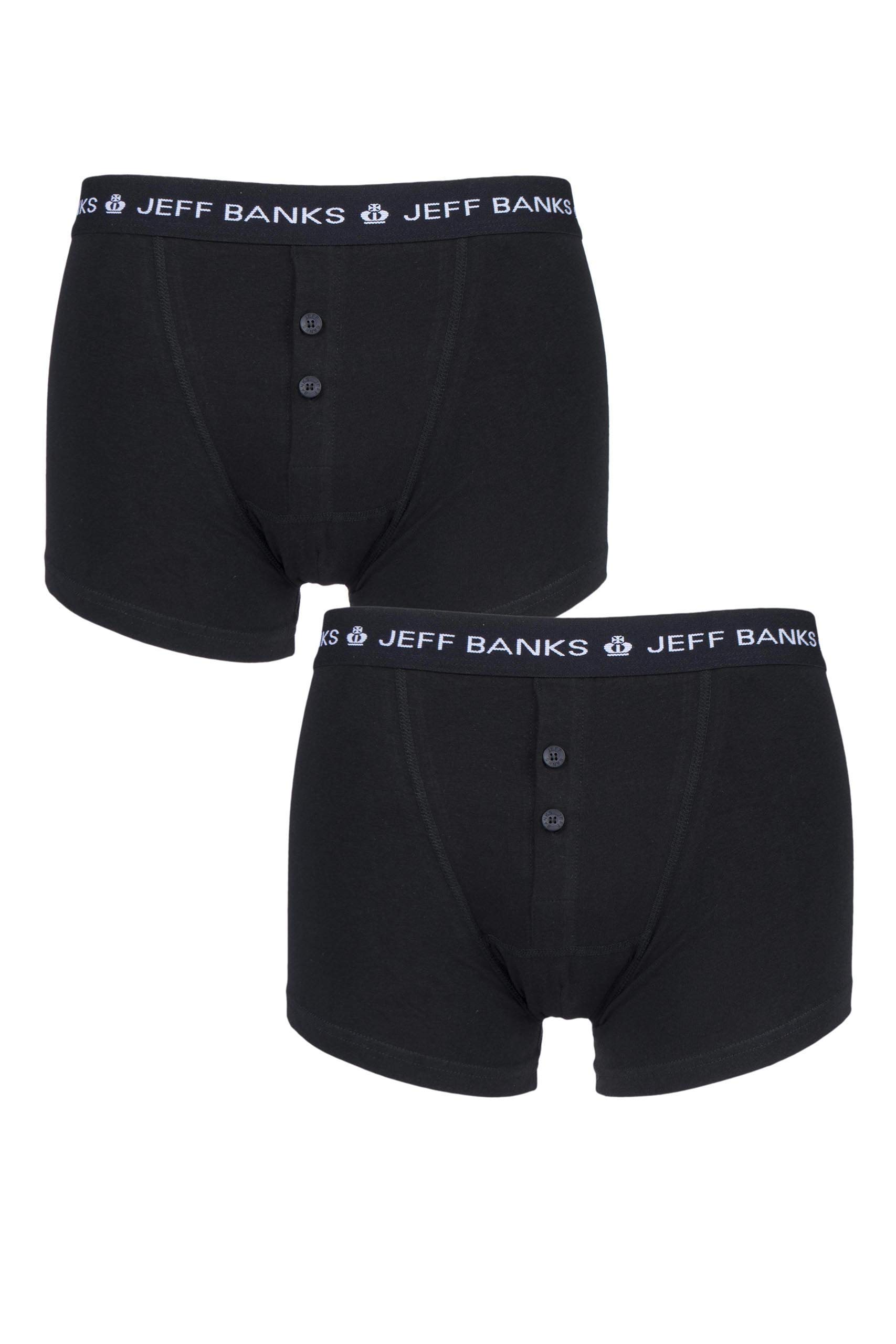 Jeff Banks Unisex Black Mens 2 Pair Pack Plymouth Button Cotton Boxer Shorts In In 4XL (Waist 48-50 Inches)