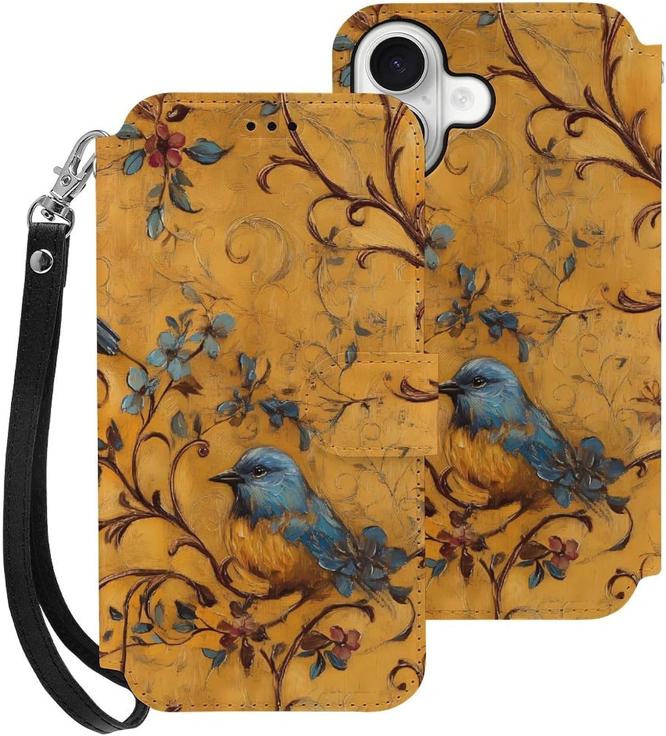 Blue Bird Perched On Branches Compatible with iPhone 16/16 Plus/16 Pro/16 Pro Max/16 E Case Phone Wallet Card Holder Flip Cover with Wrist Strap