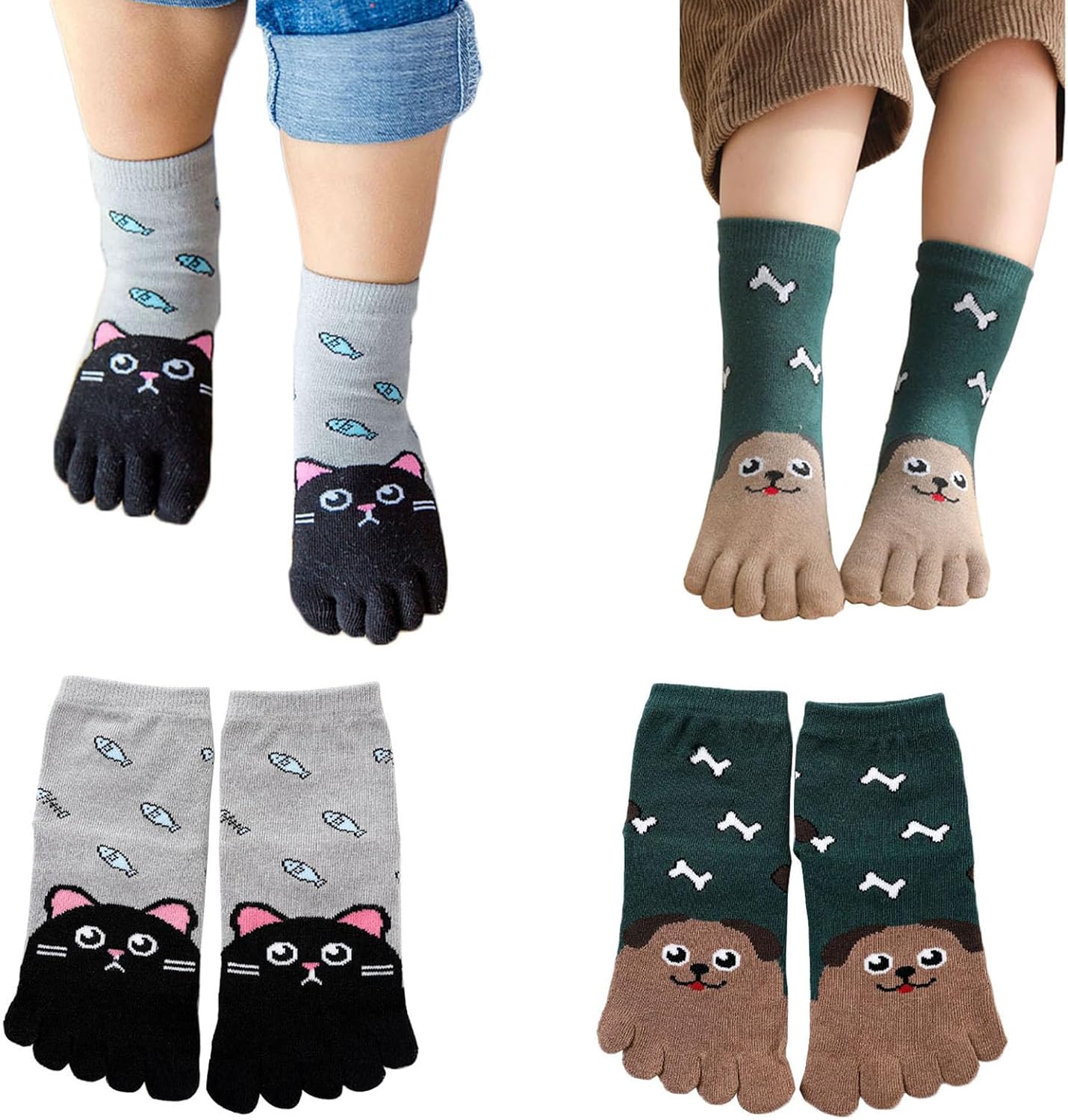 Pursuestar 2 Pairs Five Finger Toe Socks Athletic Casual Cartoon Animal Dog Cat Split Socks for Kids Boys Girls 3-12 Years