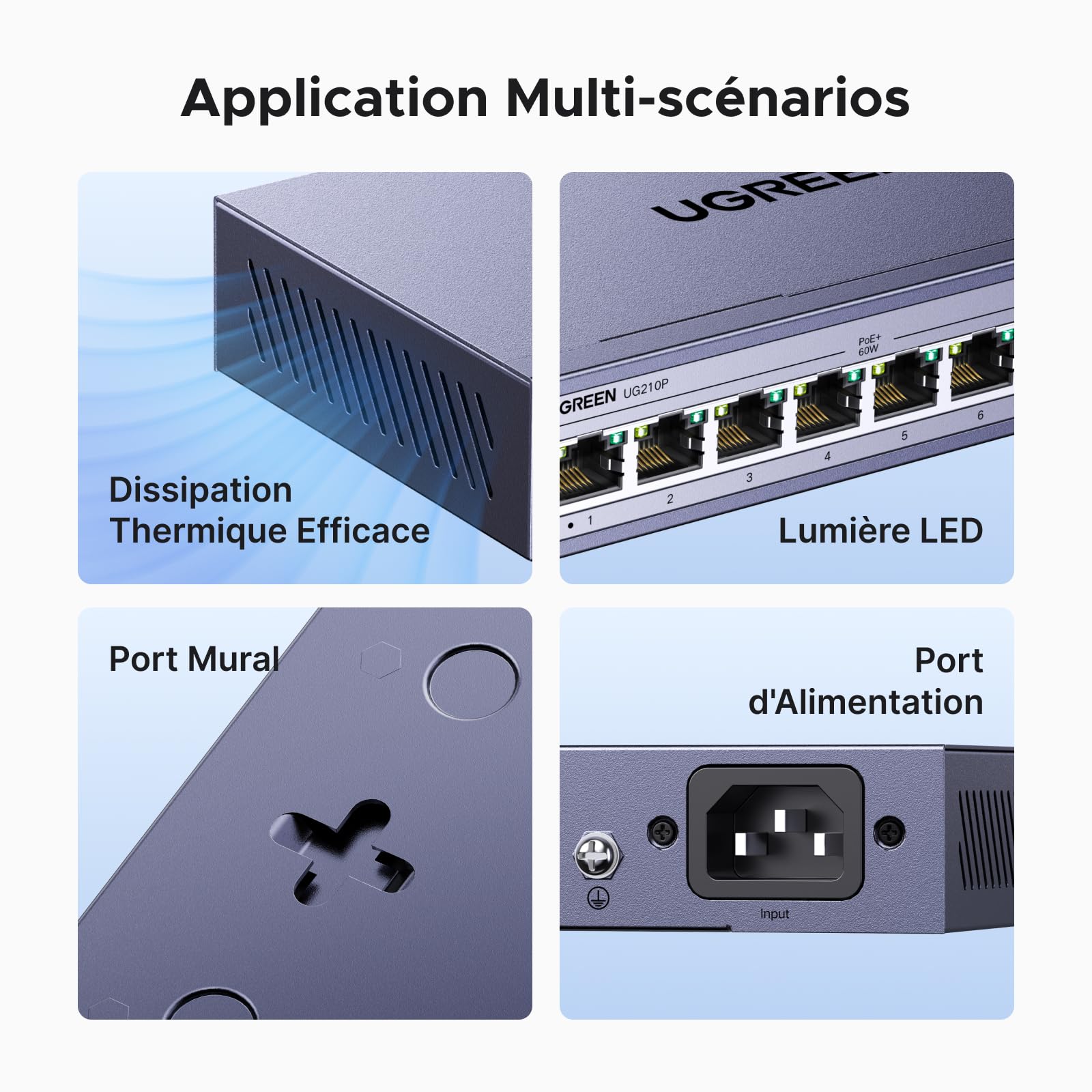 UGREEN Switch Ethernet PoE 10 Ports Gigabit Hub RJ45 8 Ports PoE+ 60W | Multiprise RJ45 Boitier Métal 6KV Protection Contre la Foudre pour Bureau et Maison Compatible avec PC TV Nas Caméra