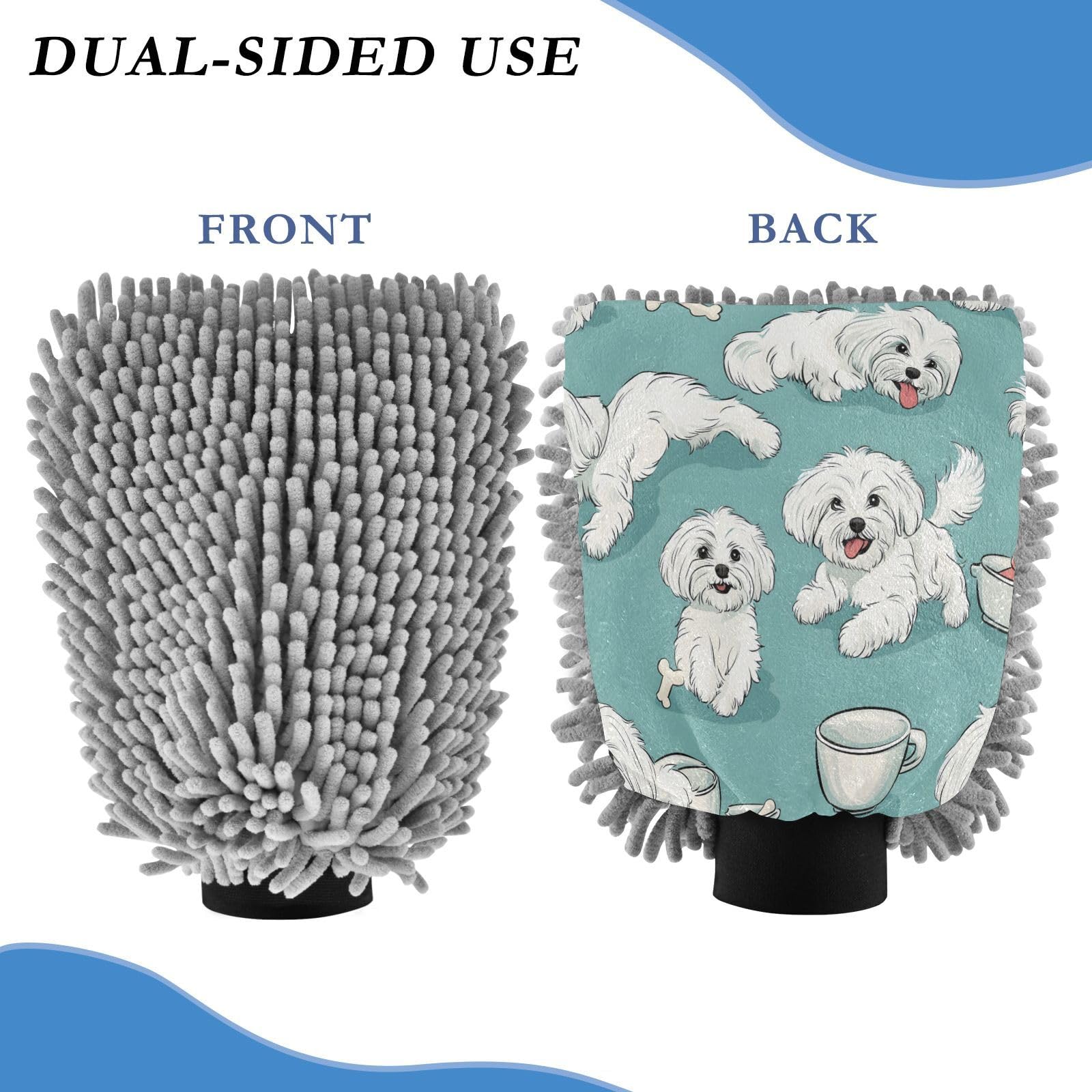 STAYTOP Cute Little Dog Car Wash Mitt Microfiber, 2Pcs Scratch Free Lint-Free, Premium Chenille Microfiber Mitt Car Wash Brush-L