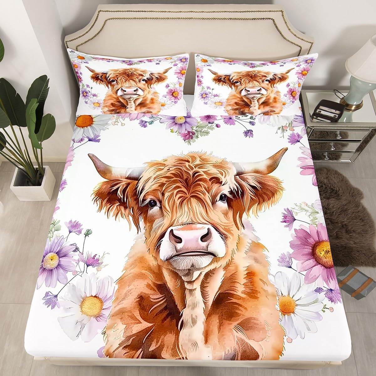 Rustic Yellow Sunflower Fitted Sheet,Full Size Farmhouse Cow Fur Print Collections,Highland Cattle Bedding Deep Pocket for Children Teens Young with 2 Pillowcases(No Flat Sheet)