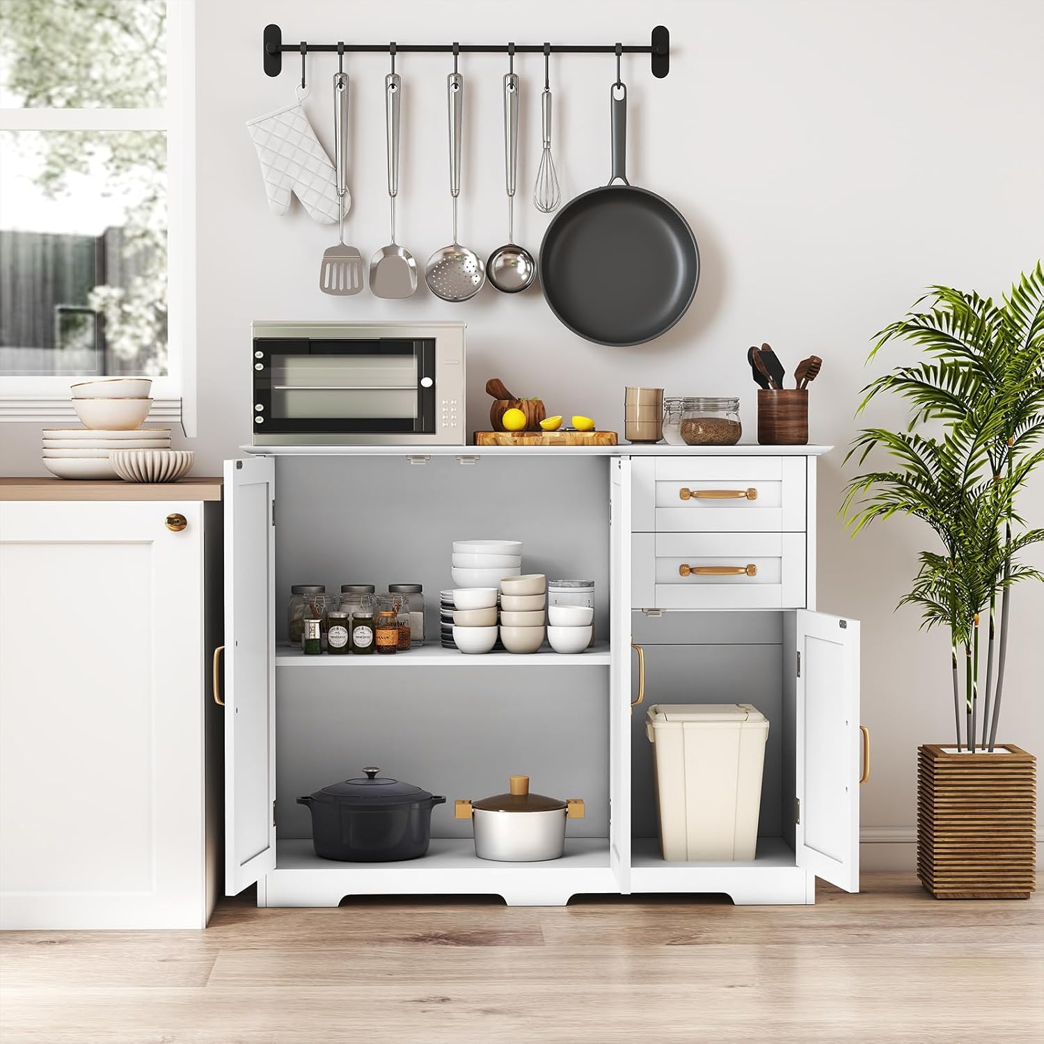 LOKO Sideboard Buffet Cabinet with Storage, Modern Kitchen Buffet Table with 3 Doors, 2 Pull-Out Drawers & Adjustable Shelf, Coffee Bar Console Table for Living Room, Dining Room, Pantry (White)