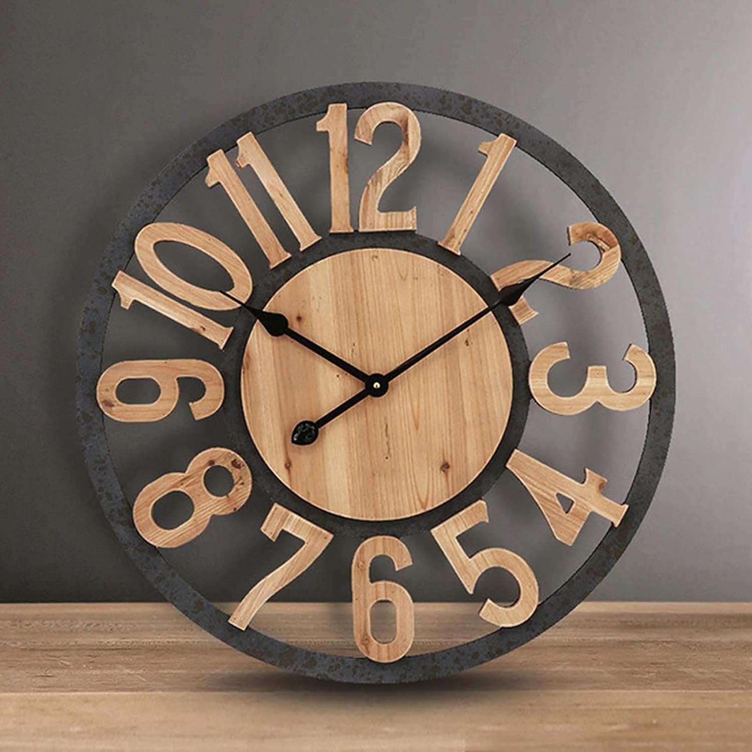 Outdoor Wall Clock， 24In Silent Large Simple Modern Wall Clock Round Garden Clock Vintage Wooden Outdoor Clock Decoration Quartz Wall Clock (Arabic Numerals)