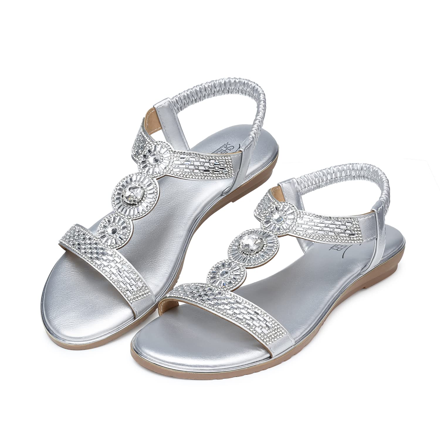 SHIBEVER Sandals Women Dressy Summer: Dress Ankle Strap Rhinestone Flats Bling Woman Beach Fancy Sandal Casual Open Toe