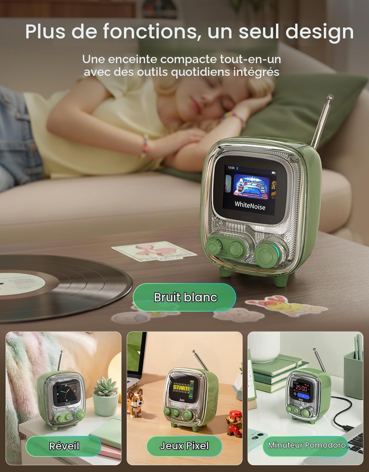 Divoom Tiivoo-2 Enceinte Bluetooth rétro avec Haut-Parleur sans Fil Mignon, Petit, Tendance, Multifonction, Pixel Art, Horloge, Chargement d'album, Bruit Blanc, Cadeau, Compatible avec (Vert)