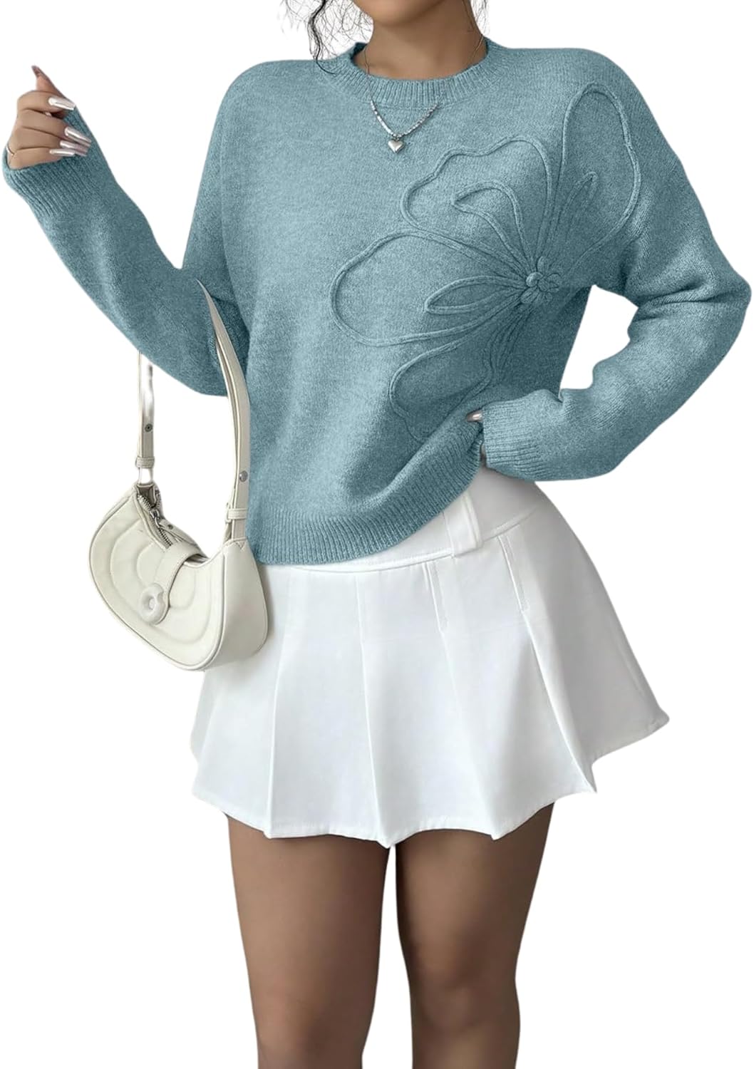 Verdusa Women's Spring 3D Flower Appliques Crewneck Sweaters Long Sleeve Drop Shoulder Pullovers Knit Going Out Tops