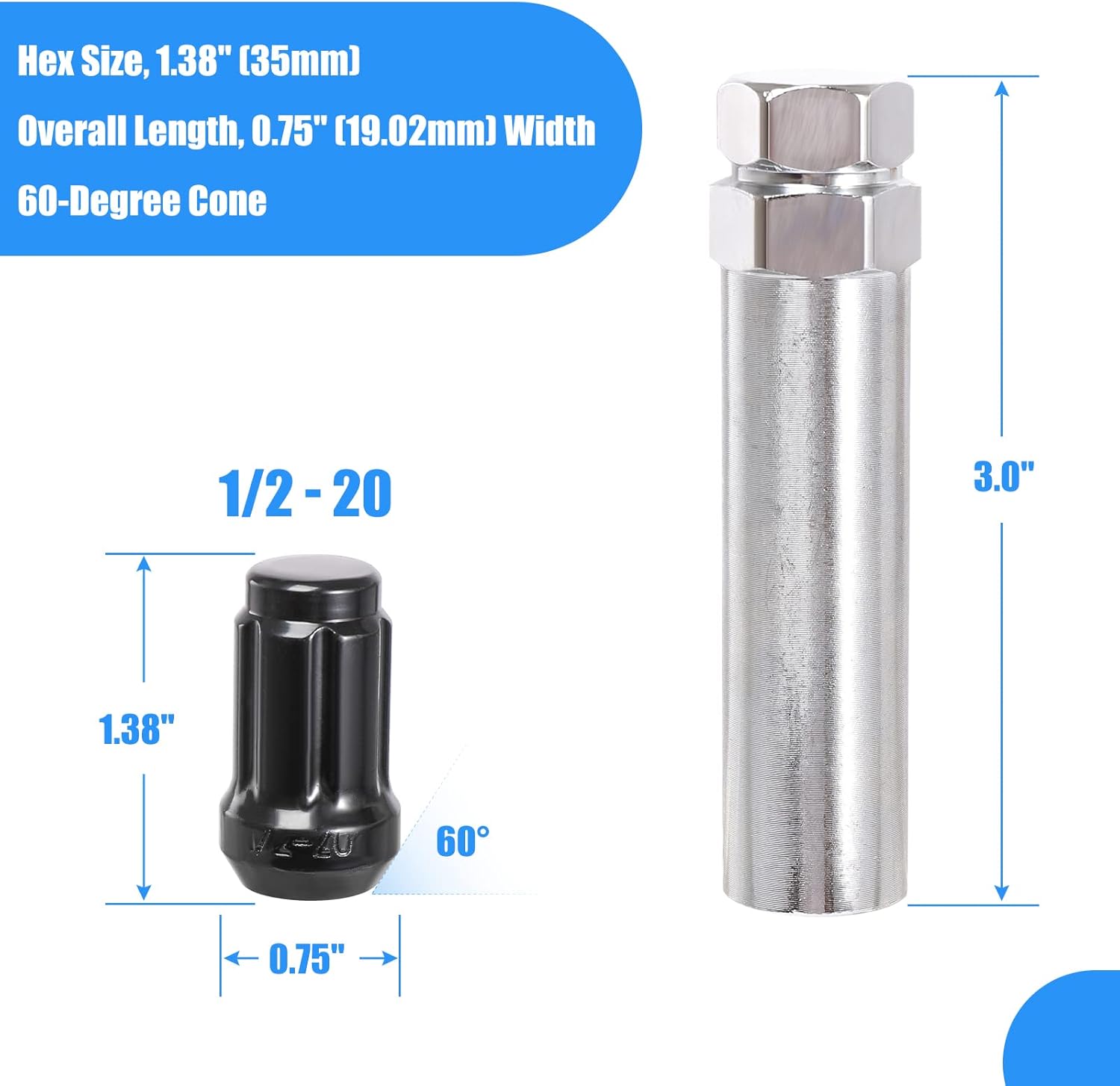 Diagram showing lug nut dimensions: Hex Size, Overall Length, Width, and 60-Degree Cone