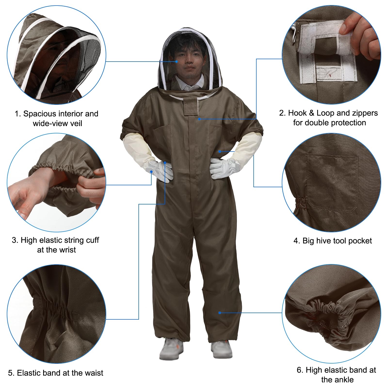 QUARKZMAN Tuta da Apicoltore per Uomo e Donna XL con Guanti e Velo (Giacca, Pantaloni, Guanti) Tute da Apicoltore per Adulti per Principianti e Professionisti, Caffè