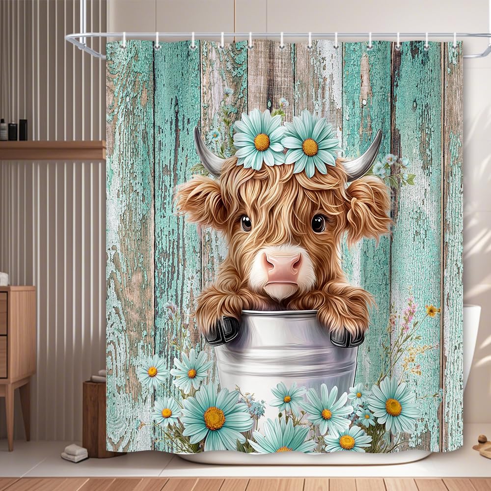 Funny Highland Cow Shower Curtain, Teal Cute Rustic Western Floral Plant Daisy Wooden Farmhouse Bath Curtain, Country Animal Fabric Waterproof Shower Curtain Set for Bathtub Decor, 72X75IN
