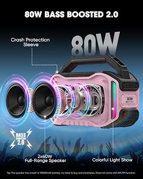 ANCOON - Wireless Bluetooth Speakers: 80W (Peak) Low Speaker, 20 Hours Playback Time, IPX6 Waterproof, Large Speakers for Work, Outdoor Last