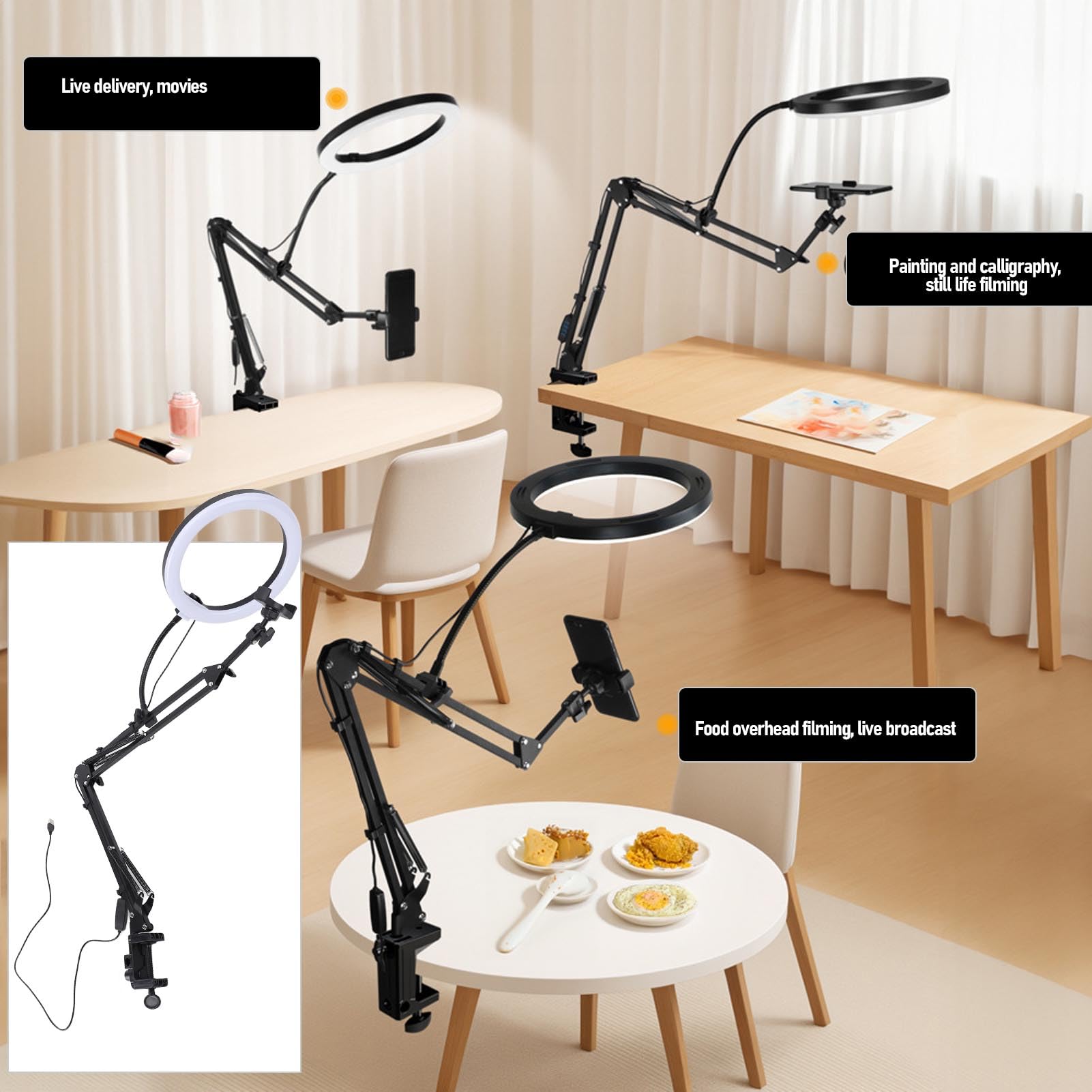 Lampa pierścieniowa 26 cm nad głową uchwyt na telefon 5 cm maksymalna grubość zacisku lampa pierścieniowa na biurko z zaciskiem do makijażu piękna gotowania wideo na żywo