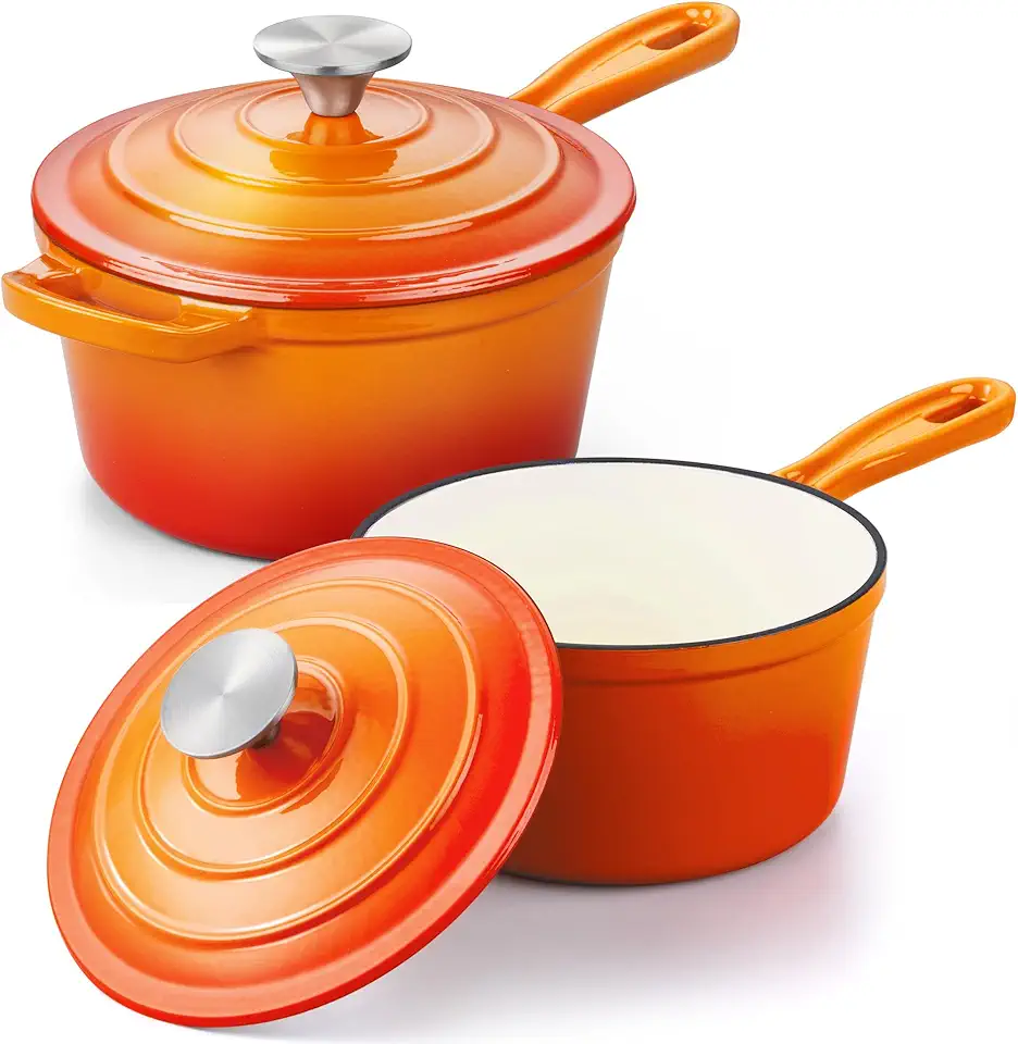 Panela de molho de ferro fundido esmaltado, conjunto de panela Leonyo de 1 litro e 2 Qt, forno holandês de ferro fundido, panelas pequenas para todos os cooktops, cozinhar macarrão, leite, aveia - até